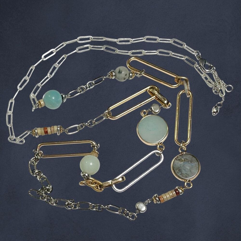 Mixed Metal Paperclip Necklace Long 2 Tone Blue Green Stone Bead Bezel Charms